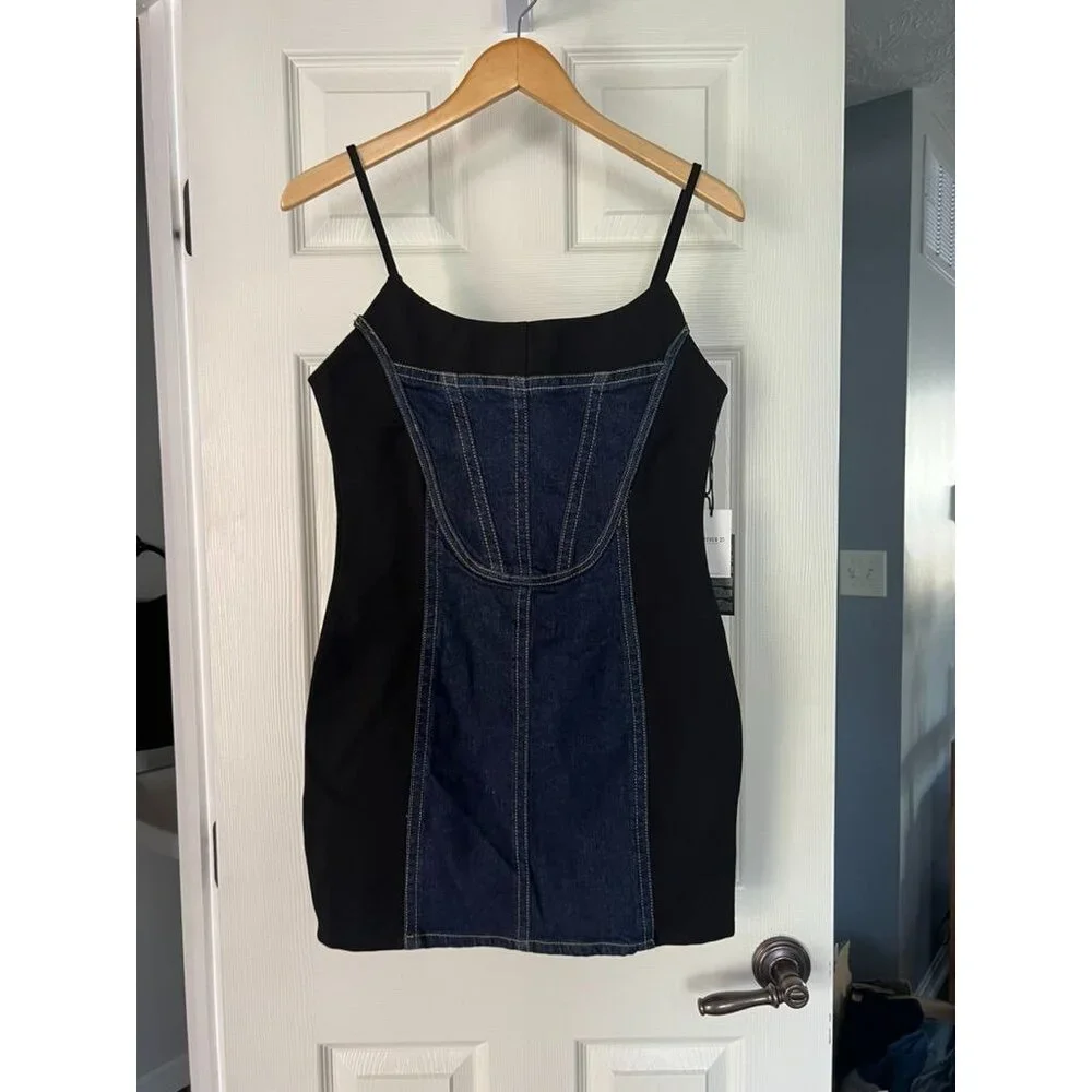Forever 21 Dark Denim Paneled Mini Dress Black Corset Style Adjustable Straps M - Picture 1 of 7